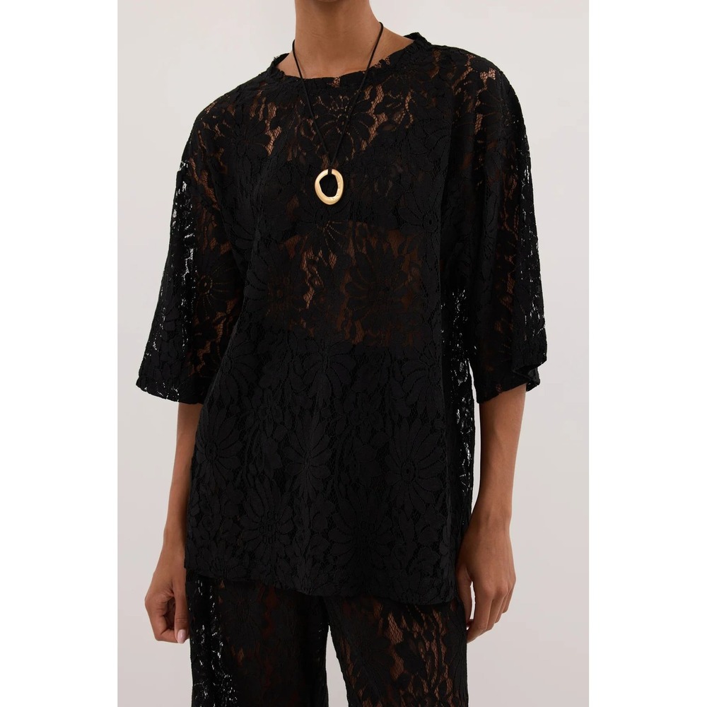 DISSH Black Floral Lace Relaxed Tee Top Short Sleeve Womens Size 10
